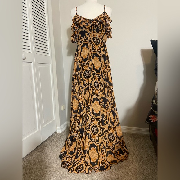Akira Baroque Gold Black Plunging Neck Ruffled Maxi High Low Dress L Large - Picture 5 of 15